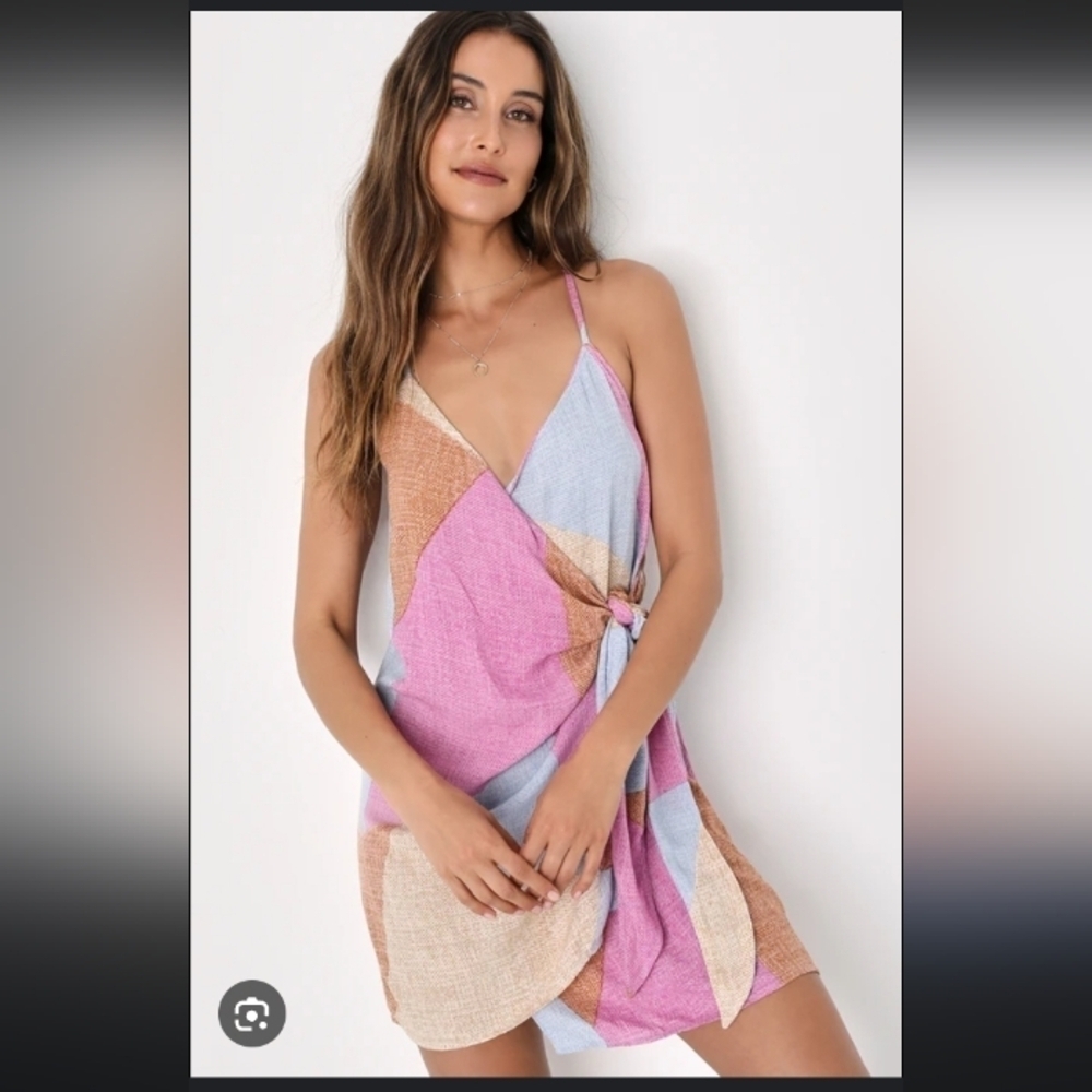 O'Neill Marlo Beige Icy Blue Pastel Pink Flowy Silky Halter Coastal Wrap Dress